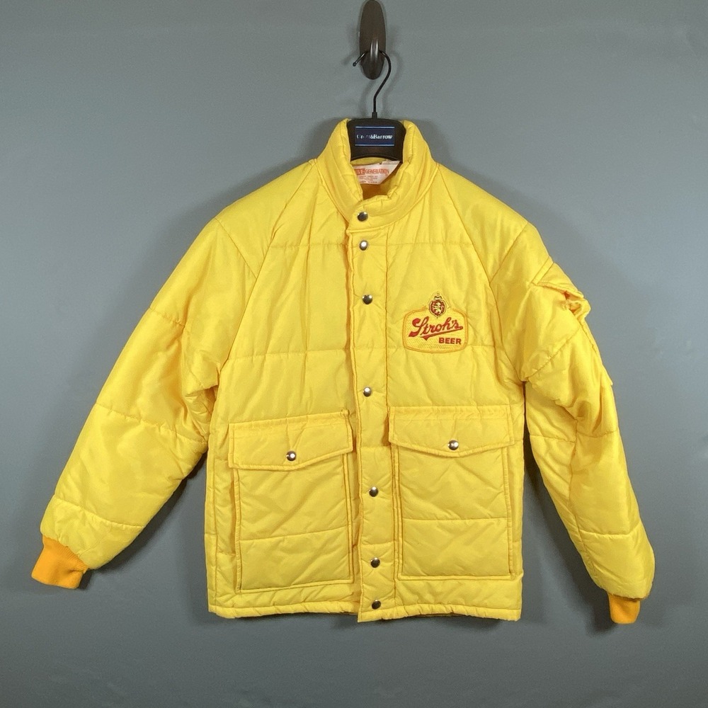 Vintage Strohs Beer Puffer Jacket Mens Small Active Generation Yellow USA